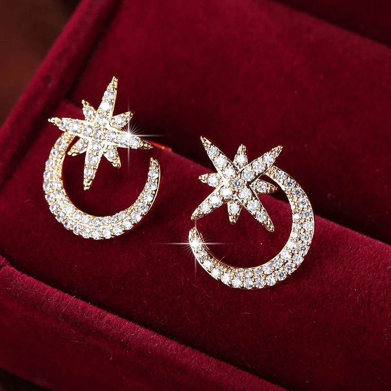 

Korean Fashion Star Moon Stud Earrings Silver Plated Exquisite Zircon Stud Earrings Daily Matching Party Jewelry Accessories