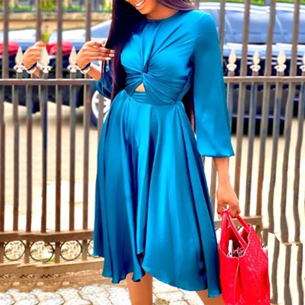 

lantern sleeve blue a line dress autumn african high waist midi dresses elegant dinner female vestiods 2020 fashion dresses