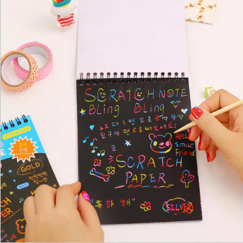 

8pcs/lot Big size Black cardboard Creative DIY hand draw sketch notes kids toy Scratch note Escolar School Supplies G219