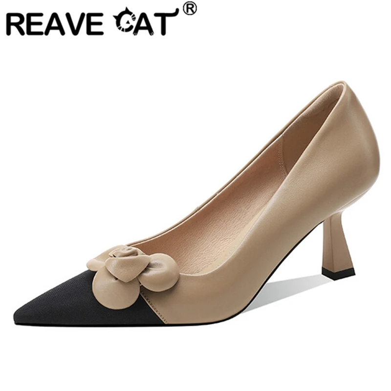 

REAVE CAT New Women's Pumps Pointed Toe Cone Heels Full Grain Leather Flower Appliques Big Size 34-39 Beige Apricot Spring S3127