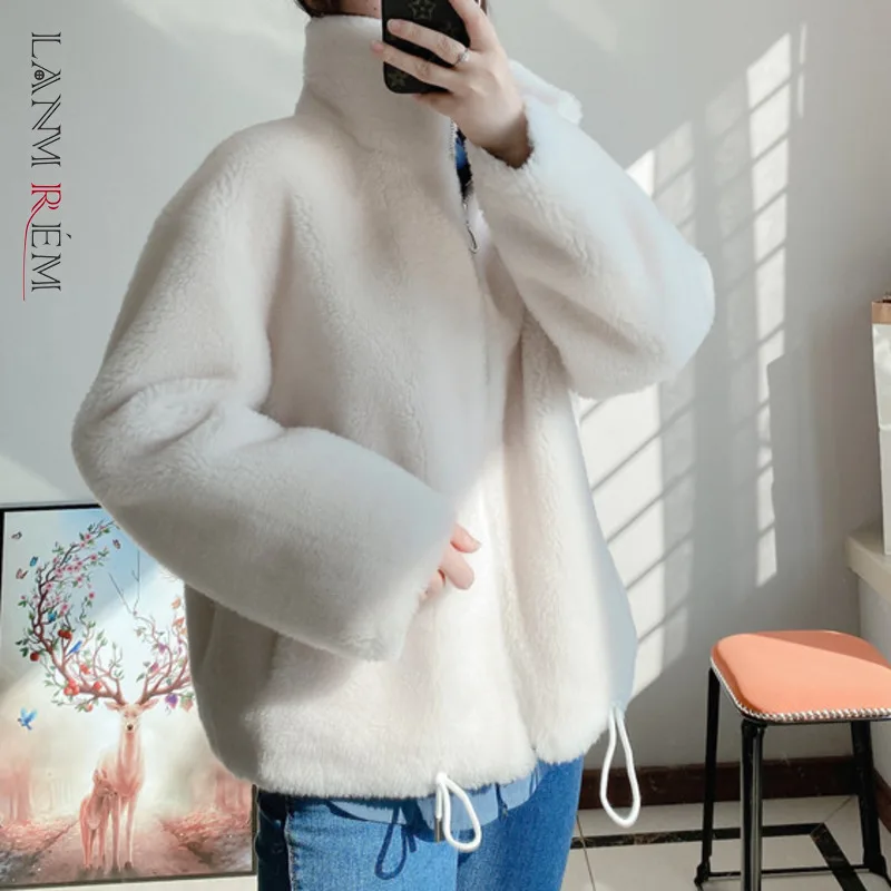 

LANMREM 2021 зимнее Новое меховое теплое пальто для женщин на молнии Свободное с длинным рукавом однотонное белое роскошное Женское пальто 2W366