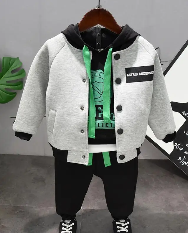 3pcs set Осенне-зимние комплекты одежды повседневная детская одежда из хлопка для мальчиков бейсбольная куртка для маленьких мальчиков+ толстовка с капюшоном+ штаны, комплекты одежды из 3 предметов - Цвет: 3pcs set