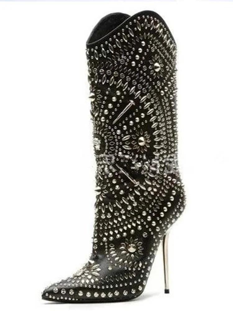 

Crystal Pointed Toe Embellished High Heel Boots 2021 Sexy Rivets Studded Thin Heels Ankle Boots Woman Runway Heels