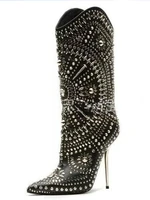 crystal pointed toe embellished high heel boots 2021 sexy rivets studded thin heels ankle boots woman runway heels