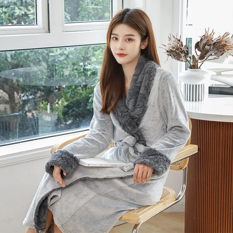 

Winter Warm Flannel Bathrobe Women Knee-Length Bath Robe Soft Thick Robes Female Dressing Gown Sleepwear woman robe women robe