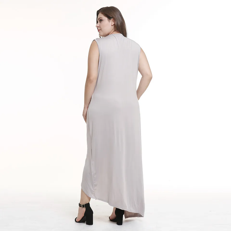 Женское платье макси с V-образным вырезом светло-серое свободное большого