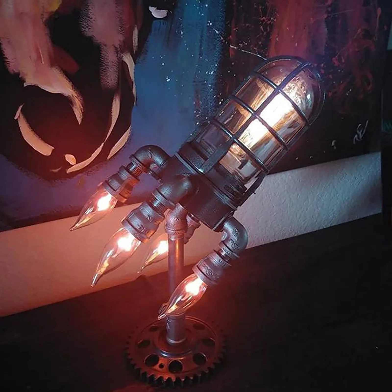 

1pc Steampunk Rocket Light Creative Night Light For Bedroom Bedside Metal Crafts Ornaments Office Study Desktop Decoration