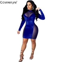 women velvet mesh dress sexy long sleeve outfits fashion hollow out zippers bodycon clubwear party dress