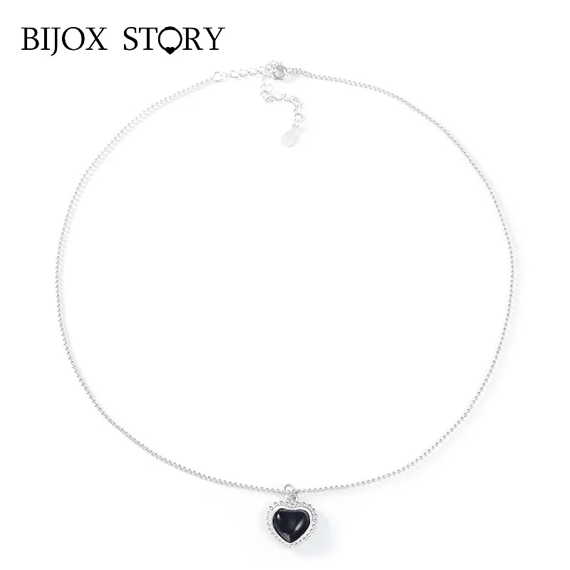 

BIJOX STORY Elegant 925 Sterling Silver Necklace with Heart-shape Obsidian Gemstones Pendant Jewelry for Women Wedding Wholesale
