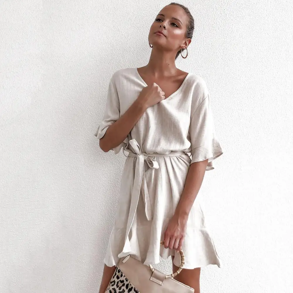

Women Vintage Ruffled Sashes A-line Party Dress Short Sleeve Sexy V neck Solid Elegant Casual Mini Dress 2020 Summer New Dress