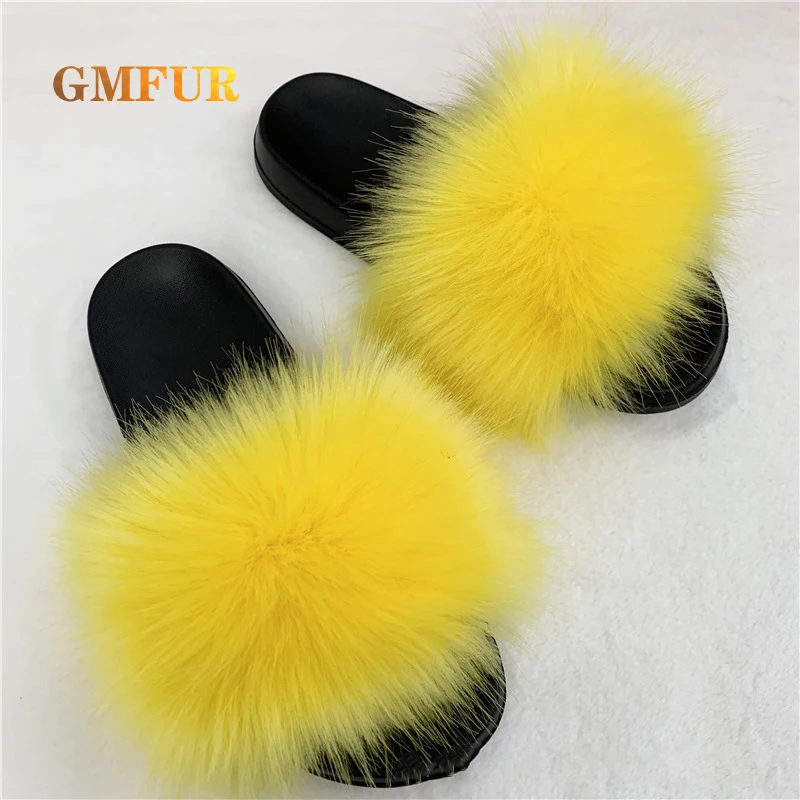 Ladies Slippers Summer New Style Faux Fox Fur Slides Indoor Outdoor Beach Shoes Female Raccoon Soft Plush Flip flop Sandal Women