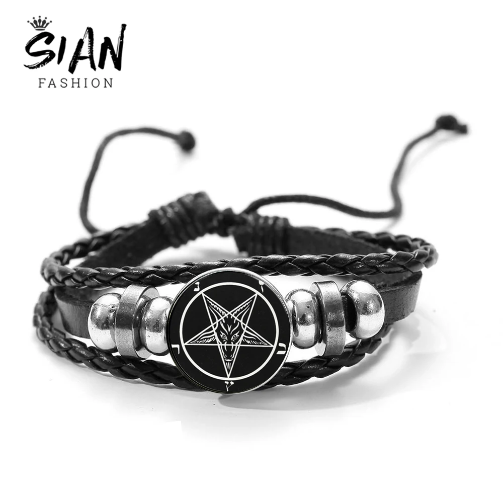 Азиатских простые черные рогатый шаблон кожаный браслет сатанизма с
