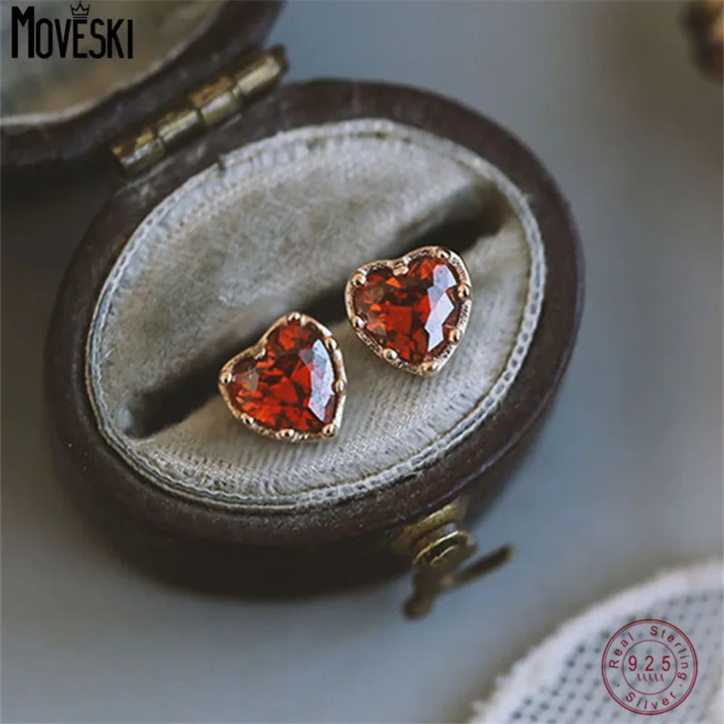 

MOVESKI 925 Sterling Silver Sweet Retro Red Zircon Heart Earrings for Women Temperament Wedding Jewelry Gift