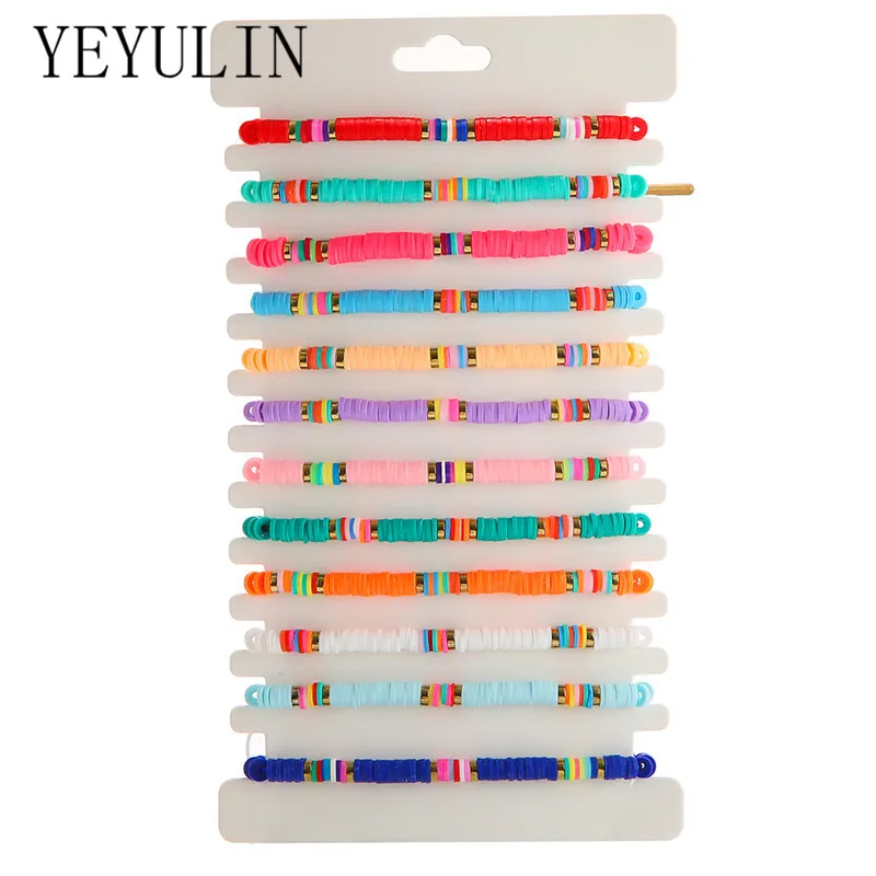 

12Pcs/Lot Colorful Soft Clay Disc Beaded Bracelet Set Boho Handmade Adjustable Braided Rope Bracelets For Women Jewelry Gifts