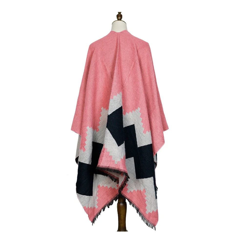 Женское розовое кашемировое пончо шаль кардиган ромбовидная накидка открытый