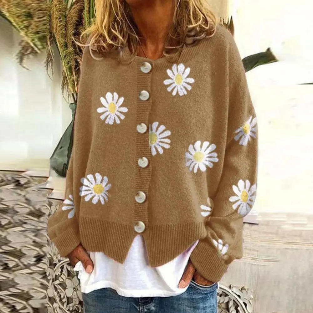 Autumn Women Cardigan Loose Streetwear Long Sleeve Marguerite Print Cardigans Coat Cute Cartoon Warm Knitted Jacket Coats |