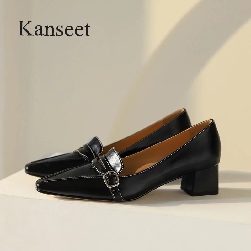 Kanseet New 2022 Spring Women's Pumps Square Toe Belt Buckle Decoration Genuine Leather Handmade Mid Heels Slip-On Ladies Shoes