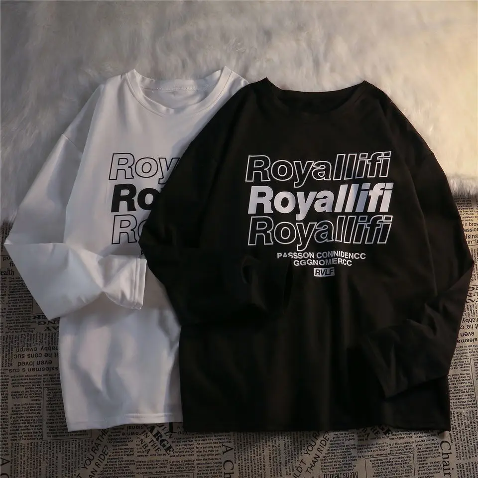 

White Letters Printed Bottoming Shirt Men 's Spring Vintage Ins Harajuku Style Simple Top Loose Student Long Sleeve T-shirt