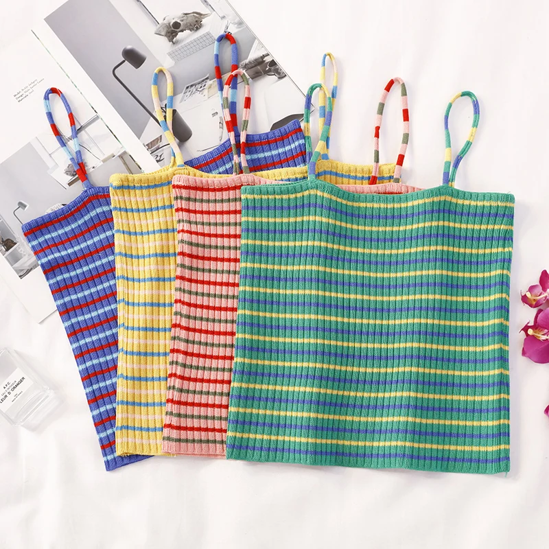 Женский топ на бретельках ArtSu с радужными полосками завязками хлопковый летняя