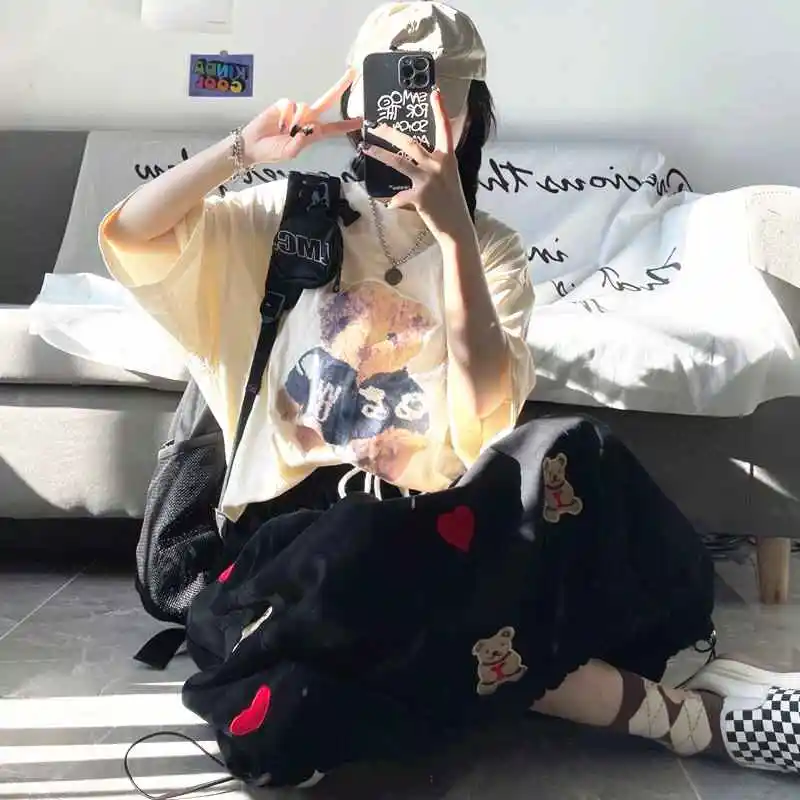 

Harajuku Girl Embroidery Bear Love Cute Skirt College Style Mid-Length Skirt Japanese Commuter Overalls Umbrella Skirt