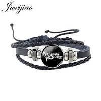 jweijiao rock band my chemical romance black leather adjustable bangles punk bracelet 18mm round glass snap button jewelry c465