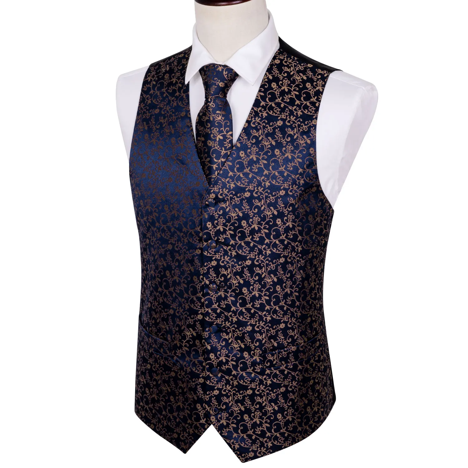 Мужской жилет с цветочным рисунком Barry.Wang Синий Шелковый для костюма комплект