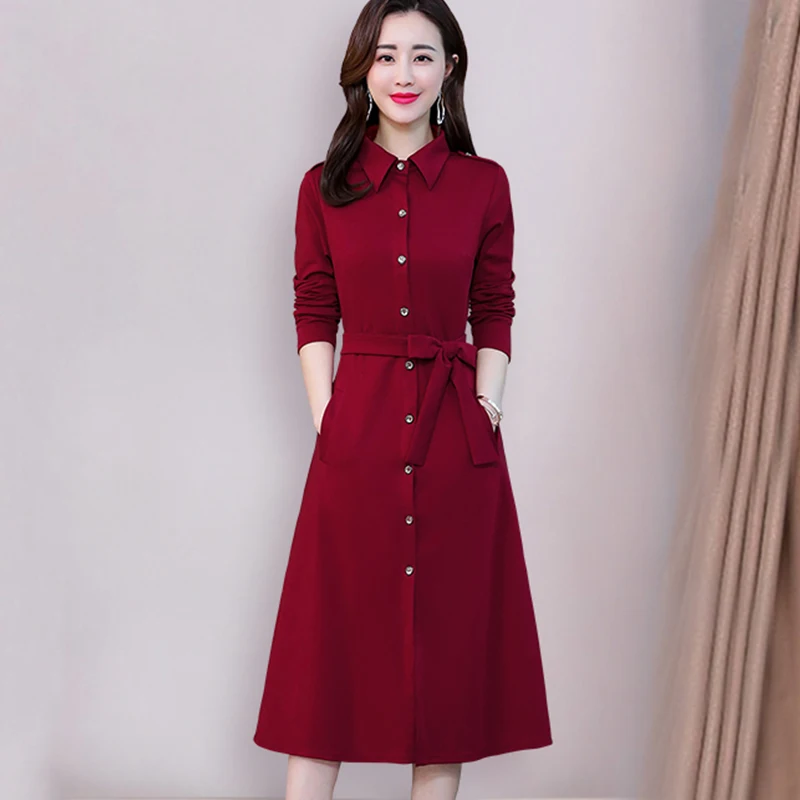 2019 Новое весенне-осеннее женское модное однобортное платье-рубашка Повседневное
