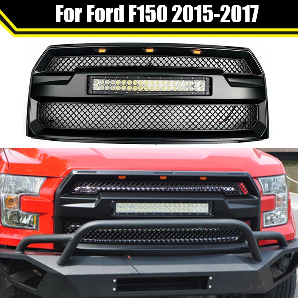 

Front Bumper Upper Grills Radiator Grille Wiht LED Light Bar 120W Fit For Ford F150 2015 2016 2017 Raptor Modified Racing Grill