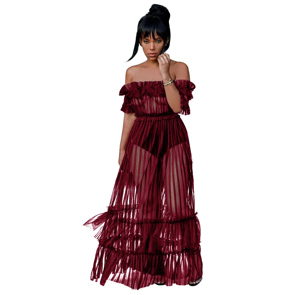 

Women Summer Off The Shoulder Mesh Dress Ladies Casual Sexy Elegant Party Beach Lace Striped Print Transparent Black Dresses 454