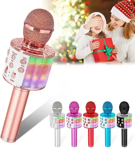 Караоке-микрофон для детей, 5 в 1 беспроводной Bluetooth-микрофон светодиодный светодиодной подсветкой, Портативная колонка-микрофон для караок...