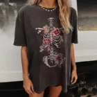 Модная женская футболка с коротким рукавом, Повседневная винтажная рубашка большого размера с принтом скелета и цветов, женские топы, футболка, летняя одежда