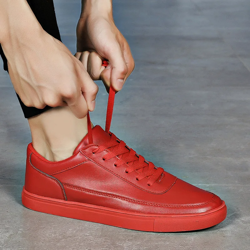 

Mens Artificial Leather Sneakers Breathable Comfortable Outdoor Walking Running Sport Shoes Red Male Trainers Tennis Masculino