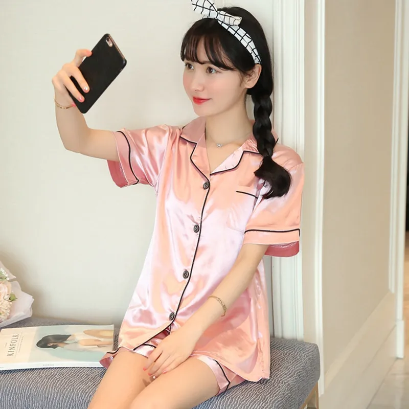 

2021 Silk Short Pajamas Sleeve Soft Sleepwear Set Pyjamas Women Sexy Summer Two Piece Set Nightgown Plus Size Pyjamas Women Sets