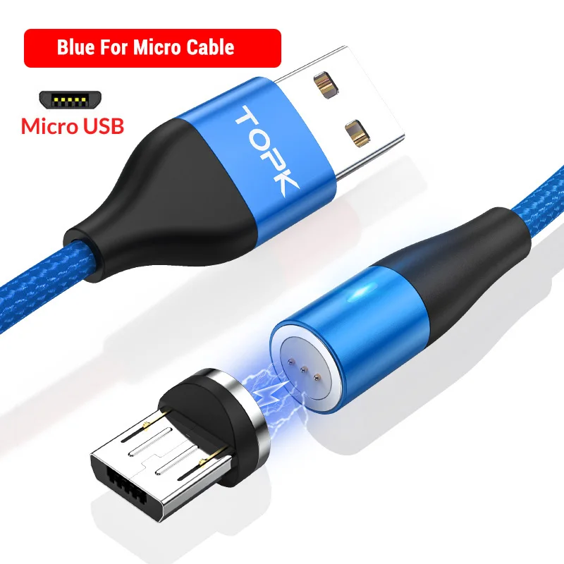 Micro Cable (Blue) TOPK AM60 3A 3-го поколения, светодиодный кабель для быстрой зарядки, магнитный кабель Micro usb type C для iPhone 11X8 7, usb-кабель для зарядки и передачи данных - Цвет: Micro Cable (Blue)