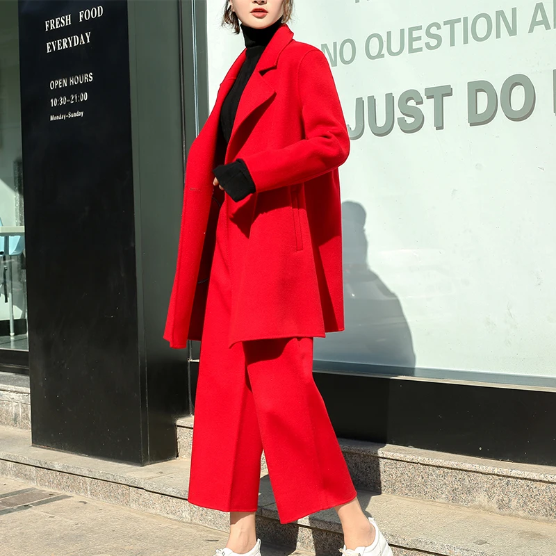 autumn and winter coat pants two sets of women cashmere short coat fashion sexy red cashmere party women's clothing