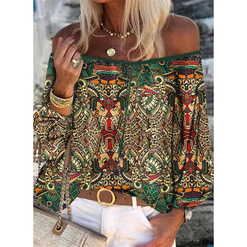 

2021 Sexy Tops Button Sleeveless Fashion Clothing Long Flared Sleeve Off Shoulder Floral Print Hollow Lace Up Female V-Neck