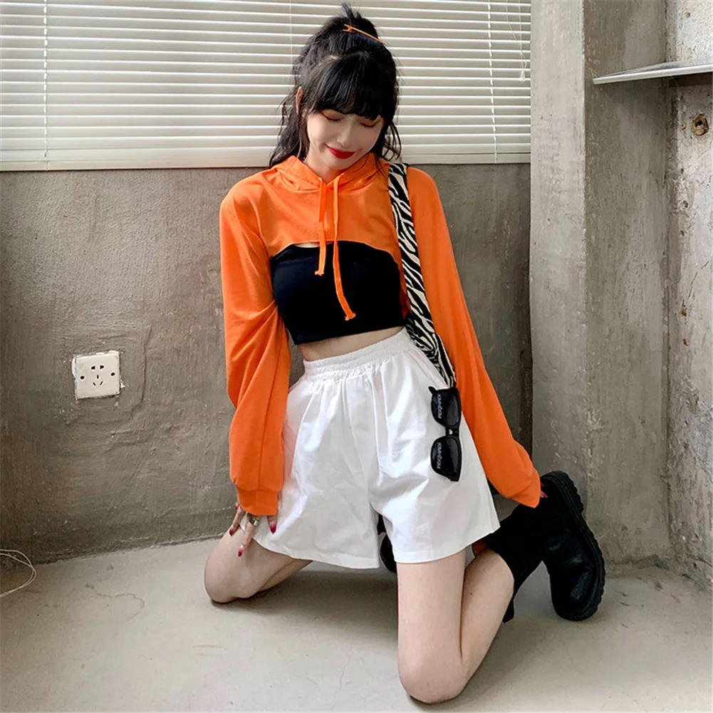 

Woman 2021 fashion Spring Hoodie Long Sleeves Hoodie Plain Exposed Navel Top K pop Short Street wear Ultra-Short Style Orange XL