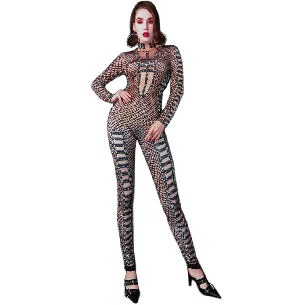 

Elastic Long Sleeve Black Rhinestones Skinny Bandage Jumpsuit Lady Birthday Celebration Crystal Rompers Nightclub Singer Costume