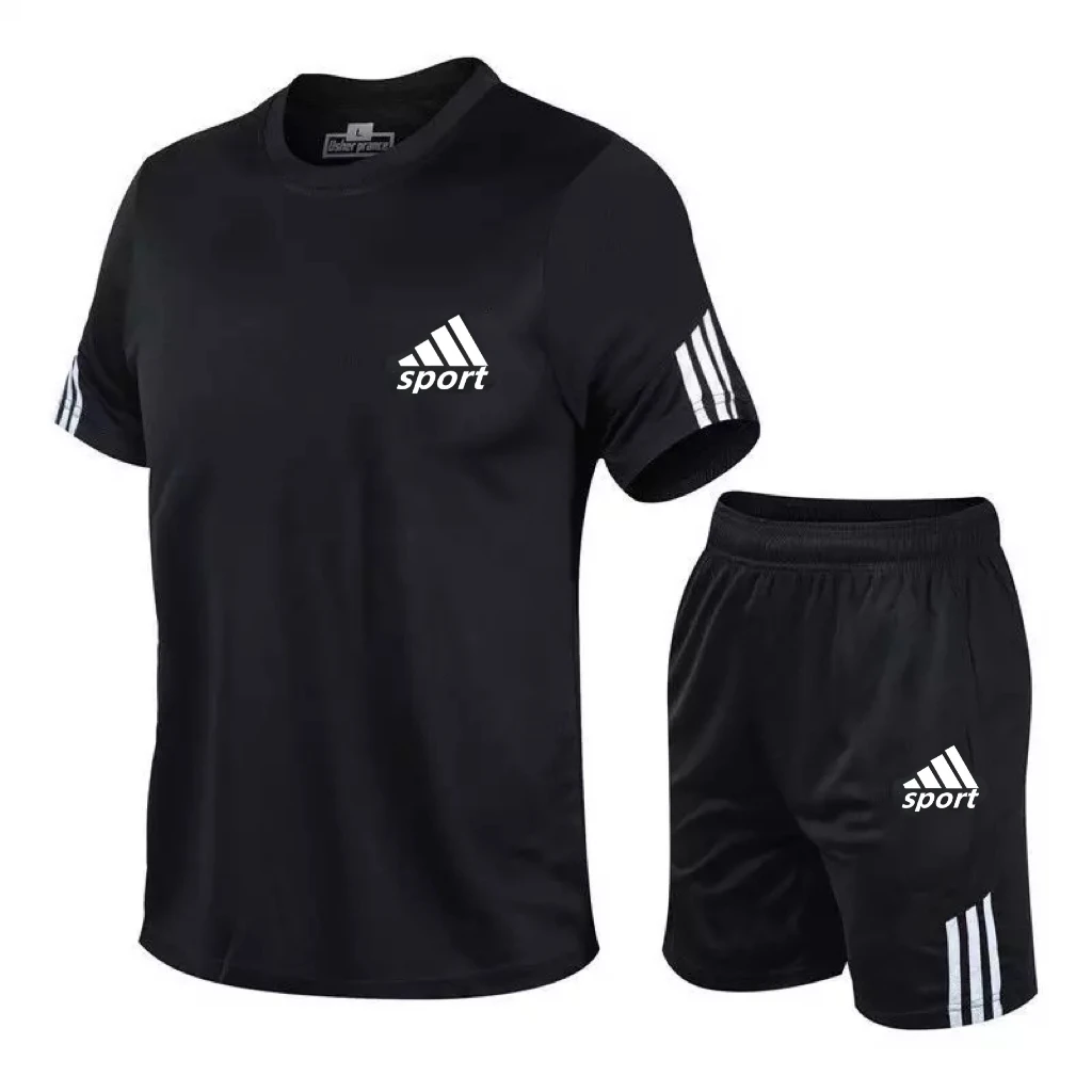 

2021 summer new leisure sportswear three bar round neck men's suit 2-piece T-shirt + shorts fashion running sports shorts beach