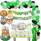 Украшение для дня рождения в виде джунглей, зеленые цифры, воздушные шары в виде животных, бумажный баннер, тарелке, чашке для детской вечеринки