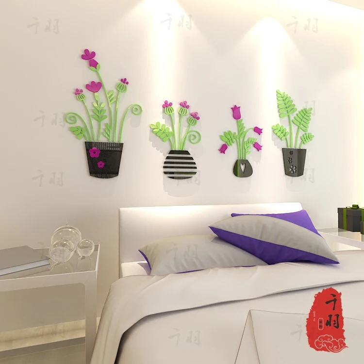 Креативная акриловая настенная 3D наклейка WS70 в горшке с кристаллами для гостиной