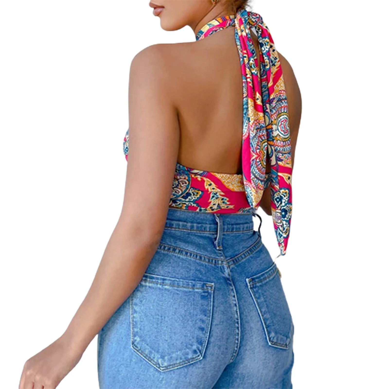 

fashion Sexy Tank Top Halter Print Lace-Up Sleeveless Cross Halter Neck Wrap Top Summer Women Club Party Drawstring Top Crop