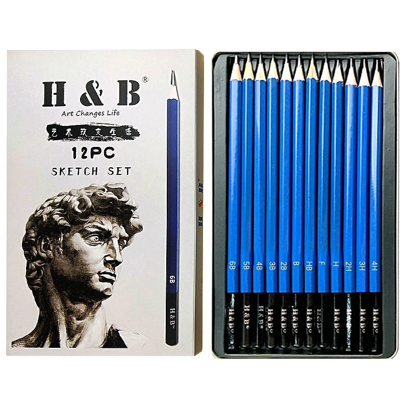 12PCS Drawing Pencils Set B 2B 3B 4B 5B 6B HB F H 2H 3H 4H Graphite Pencils Metal Box for School Art Supplies Stationery