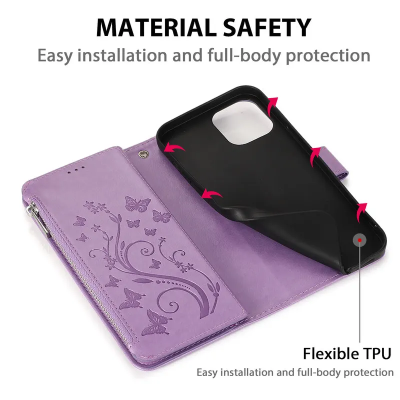 

Luxury Zipper Case for iPhone 12 Mini 11 Pro Max XS XR X 7 8 6 6s Plus SE 2020 Wallet Flip Leather Multi Card Stand Phone Cover