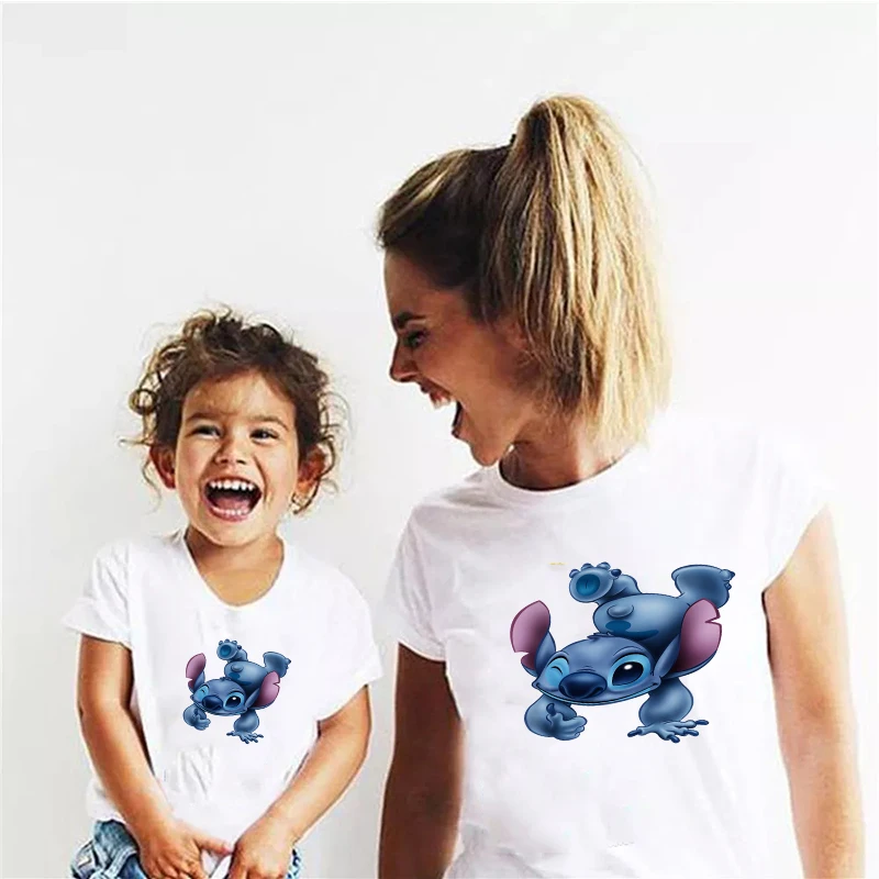 

Ladies Summer Short-sleeved Loose Round Neck Top Cartoon Print Pattern T-shirt Cute Mother Baby Parent-child Wear