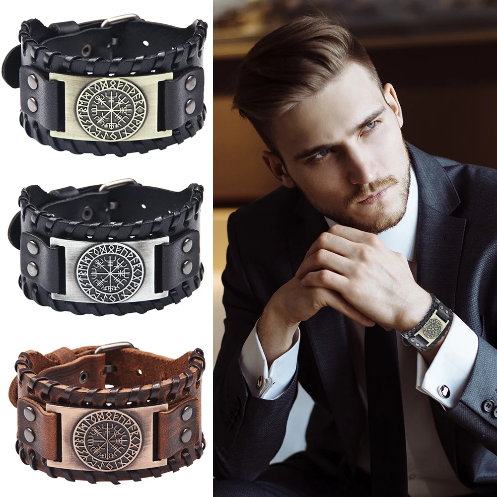 Широкий мужской браслет из кожи Браслет-талисман в стиле викингов