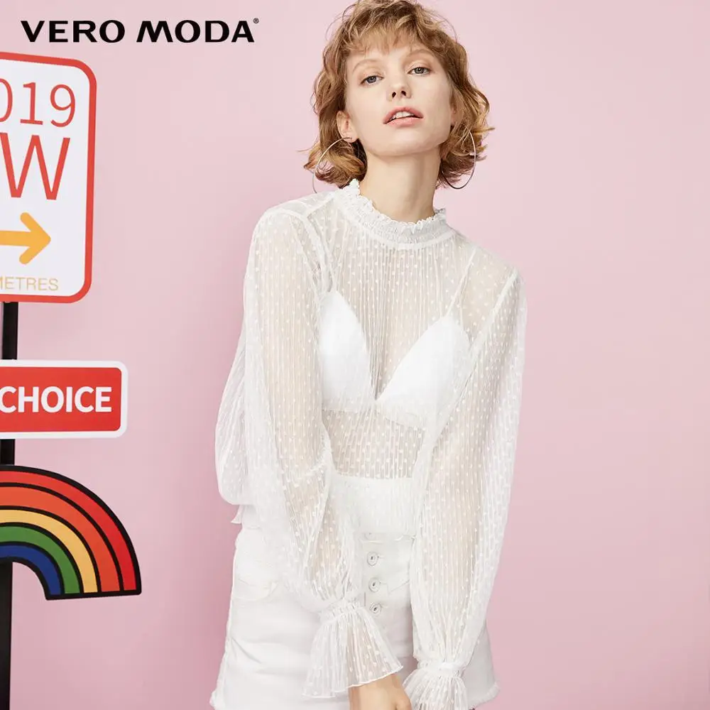 Vero Moda Женская свободная облегающая кружевная шифоновая рубашка в горошек с расклешенными рукавами | 319302509