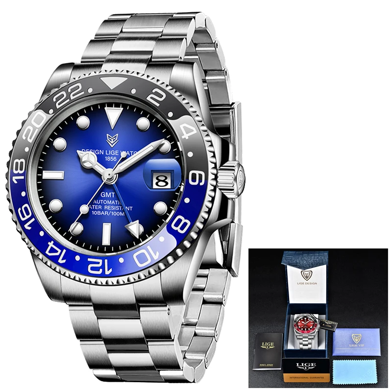 

LIGE Design Luxury Men Mechanical Wristwatch Stainless Steel GMT Watch Top Brand Luminous Display Men Watches reloj hombre 2020