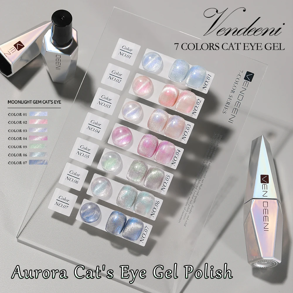 

Vendeeni 7 Color Aurora Effect Cat Eye Gel Nail Polish Magnetic Nail Art Gel Lacquer Cat Eye UV Soak Off Gel Varnish Polish 15ml