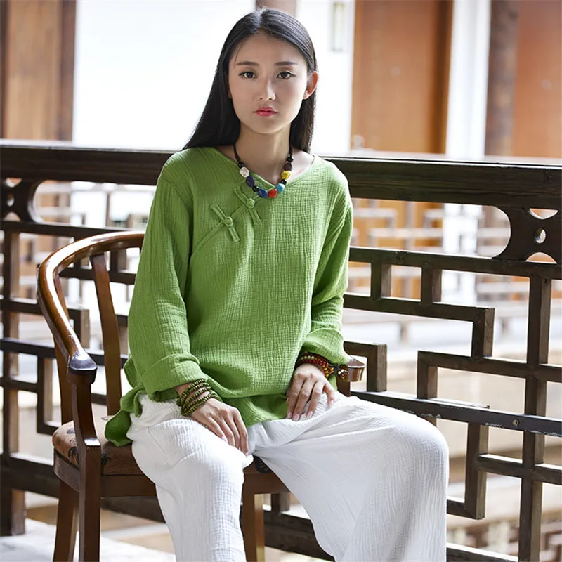 Женская рубашка из хлопка и льна с V-образным вырезом длинным рукавом | одежда